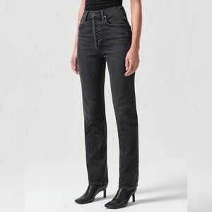 Agolde High Rise Straight Jeans in Washed Black